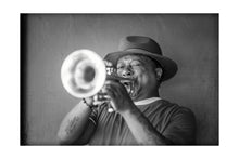 Load image into Gallery viewer, SPECIAL DOUBLES: Kermit Ruffins - Something For Satchmo photo shoot (Tue 4 30 24) 16x24 Black &amp; White Print
