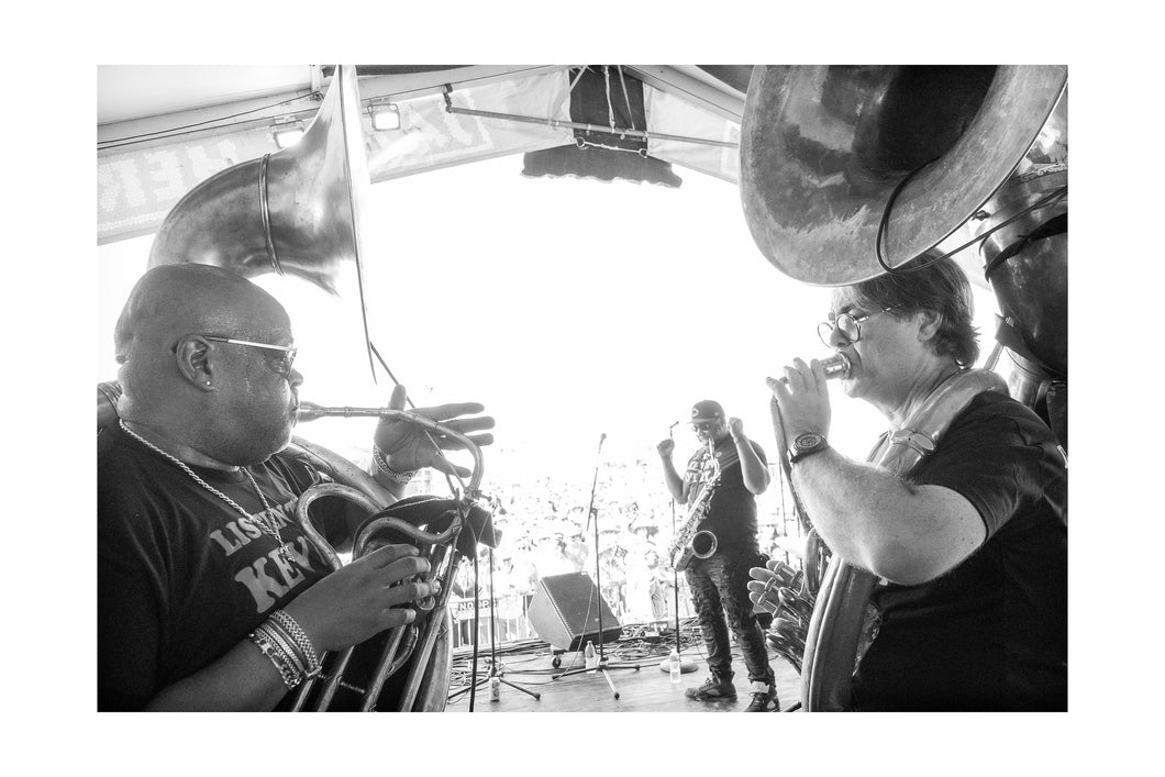 Sousaphonic- Kirk & Matt (Midnite Disturbers @ Jazz & Heritage Stage- Fri 5/6/22) 12x18 Black & White Print